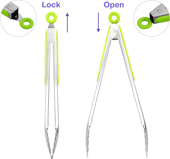 304 Stainless Steel Kitchen Cooking Tongs, 12" and 14" Set of 2 Sturdy Grilling Barbeque Brushed Locking Food Tongs with Ergonomic Grip, Green
