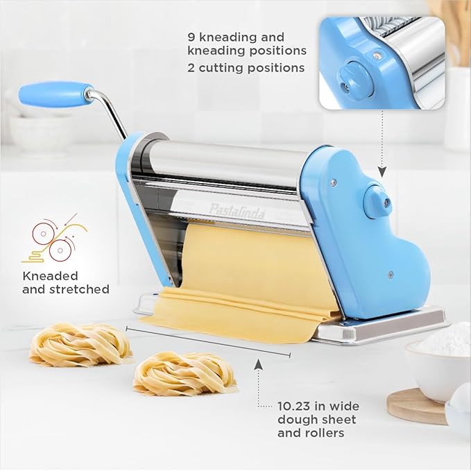 PASTALINDA Classic 260 Pasta Maker Machine, 26 cm Wide Rollers, 9 Thickness Positions, 2 Cutting Positions, Stainless Steel. Includes Reinforced Hand Crank And Two Clamps (Light Blue)