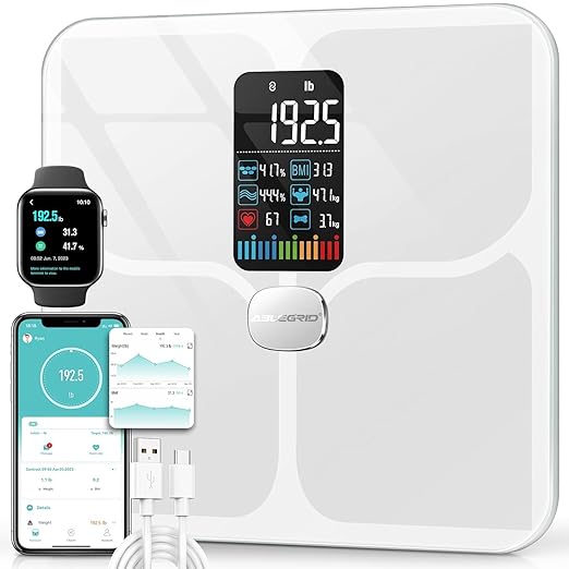 ABLEGRID Body Fat Scale,Digital Smart Bathroom Scale for Body Weight, Large Color Display Screen, 16 Body Composition Metrics BMI, Water Weigh, Heart Rate, Baby Mode, 400lb, Rechargeable (White)