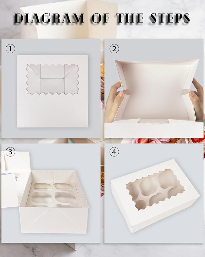 Bakepacker Auto-pop up 6 Cupcake Boxes with Window 20 Count White Box 9.4 x 6.1 x 3 inch Cupcake Carrier