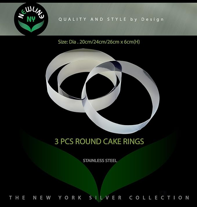 NEWLINE NY Stainless Steel Cake Mousse Rings for creating Round Appetizers, Molded Salads, Cakes, Mousse and Desserts, 3 Round Cake Mousse Flan Rings 8", 9.5" 10.5" Set