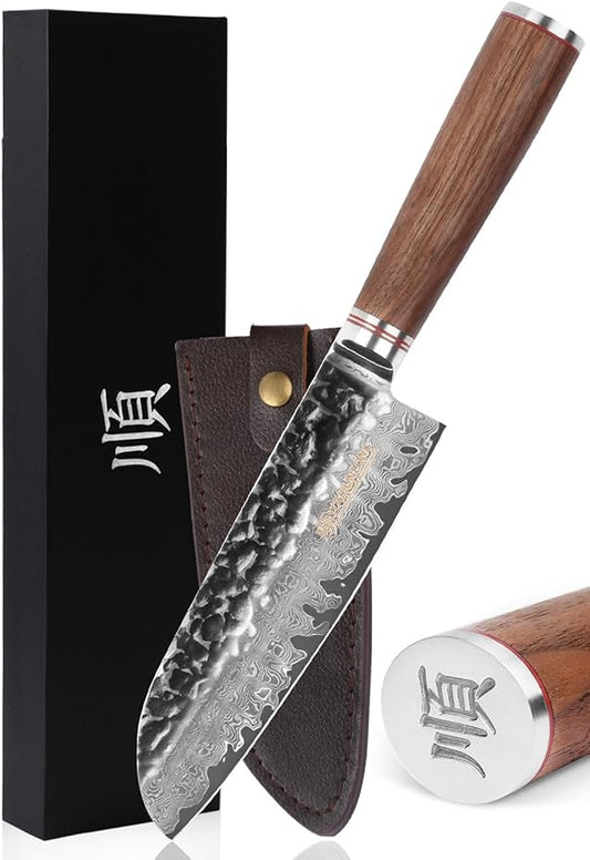 YOUSUNLONG Santoku Knives 7 inch Professional Chef Knife Asian knife Japanese Hammered Damascus Steel Natural Walnut Wooden Handle