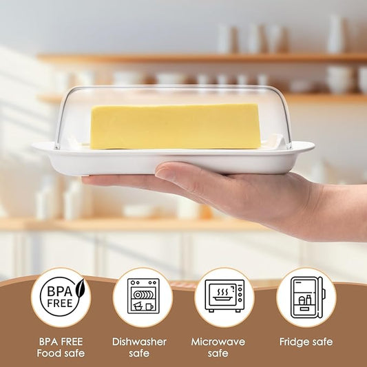 Butter Dish with Clear Lid, Butter Keeper, Easy Scoop,Butter Container Holds for East/West Coast Butter, Dishwasher Safe(White)