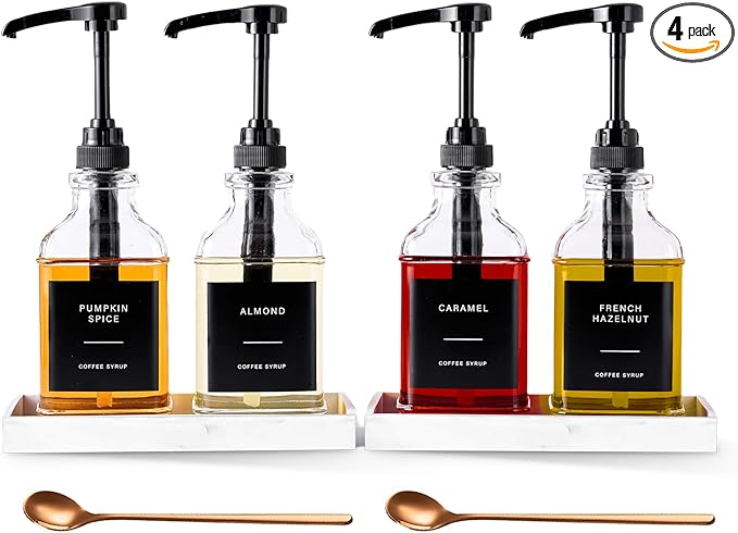 Coffee Syrup Dispenser for Coffee Bar, Glass Syrup Dispenser with Pump, Coffee Syrup Pump Dispenser Bottle with Tray, Spoon for Coffee Station, Coffee Bar Organizer, Black,16.9 oz, 500 ml