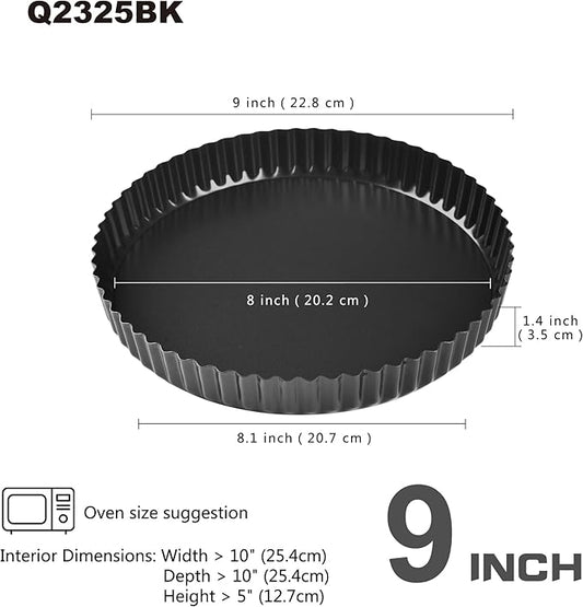 9-Inch Round Tart Pan with Loose Removable Bottom, Non-Stick Carbon Steel Quiche Pan for Oven Baking (Black)