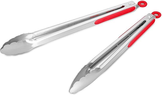 304 Stainless Steel Kitchen Cooking Tongs, 12" and 14" Set of 2 Sturdy Grilling Barbeque Brushed Locking Food Tongs with Ergonomic Grip, Red