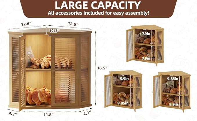 Corner bread box Bread Box for Kitchen Countertop - Corner Bread Storage Box 16.5" H, Premium Pine Wood with Glass Door, Perfect for Homemade Bread, Baguettes & Pastries (Bamboo)