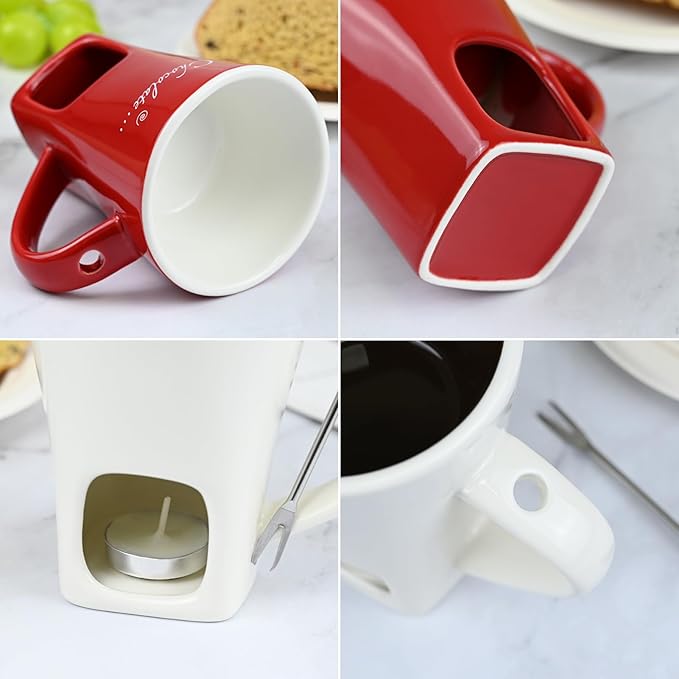 Sweet Fondue Cup for Chocolate Cheese Candy Butter - Chocolate Fondue Mug with Fork & 4 Candle, Mini Ceramic Chocolate Melting Cup, Personal Chocolate Melting Pot for Date Night Birthday Wedding (Red)