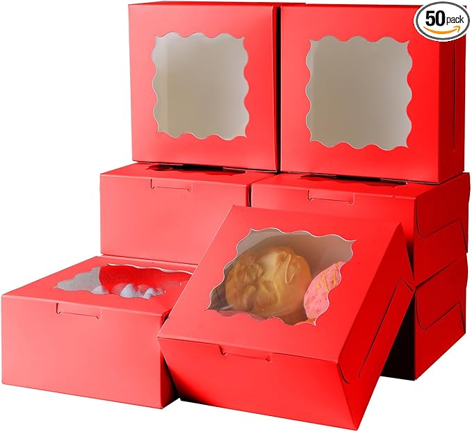 36 pcs 6x6x3 Inches Small Cake Box with Window, Bakery Pastry Cookie Boxes, Mini Pie for Pastry,Dessert,Strawberries,Chocolates, Cupcakes with paper stickers (Red)