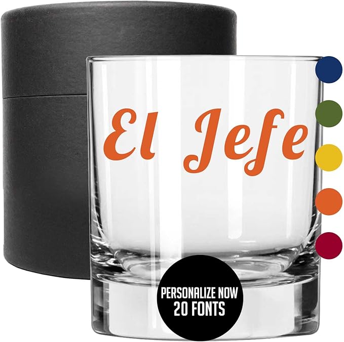 Personalized Printed 11oz Whiskey Glass - El Jefe - The Boss, Manager Supervisor Director Gift - Grit, National Boss Day, Best Co worker Ever Funny Gift for Dad Padre Papa, Father’s Day