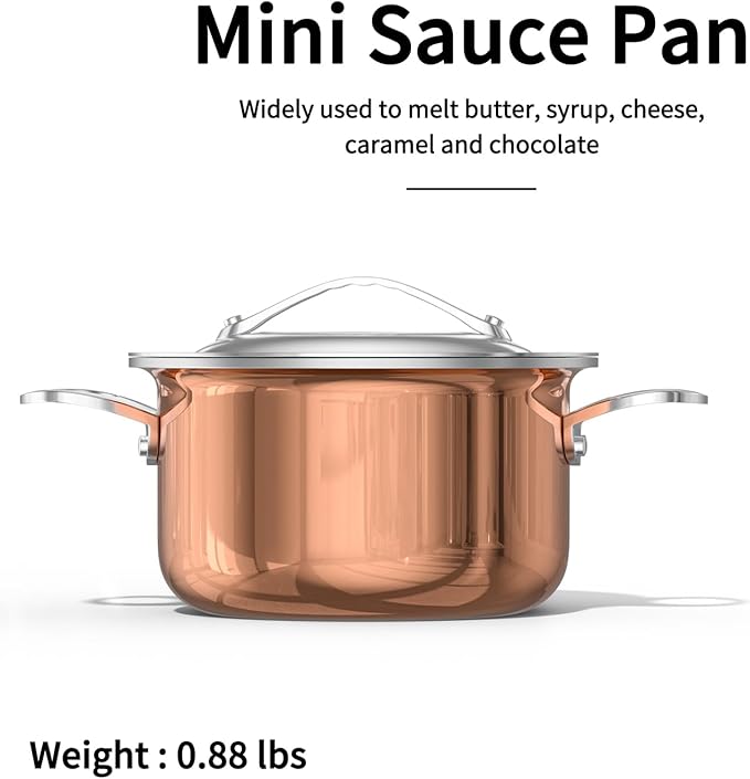 Macevia Mini Sauce Pan with Lid,Copper Butter Warmer Small Pot, Multipurpose Use for Home Kitchen or Restaurant (13.5oz/400ml)