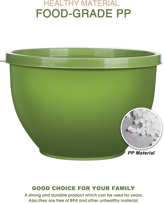 5-Piece Plastic Mixing Bowls with Lids Set for Kitchen, Nesting Bowls for Mixing, Baking, Prepping, Cooking and Serving Food, Mixing Bowls Dishwasher, Microwave Safe (5 Set-Green)