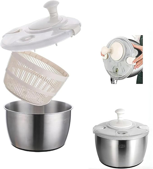6L Stainless Steel Salad Lettuce Spinner, Fruit Vegetable Cleaner Vegetable Washer Spinner Quick Spin for Household Vegetables and Pasta Fries Spinner Essential Kitchen Utensils spinners (A)