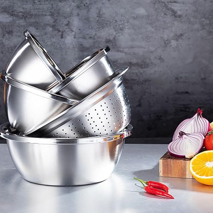4-Piece Stainless Steel Mixing Bowls and Microporous Colanders Set, 3QT & 5QT Nesting Bowls with Fine Drain Strainers for Washing Rice, Fruits, Vegetables, Pasta, and More