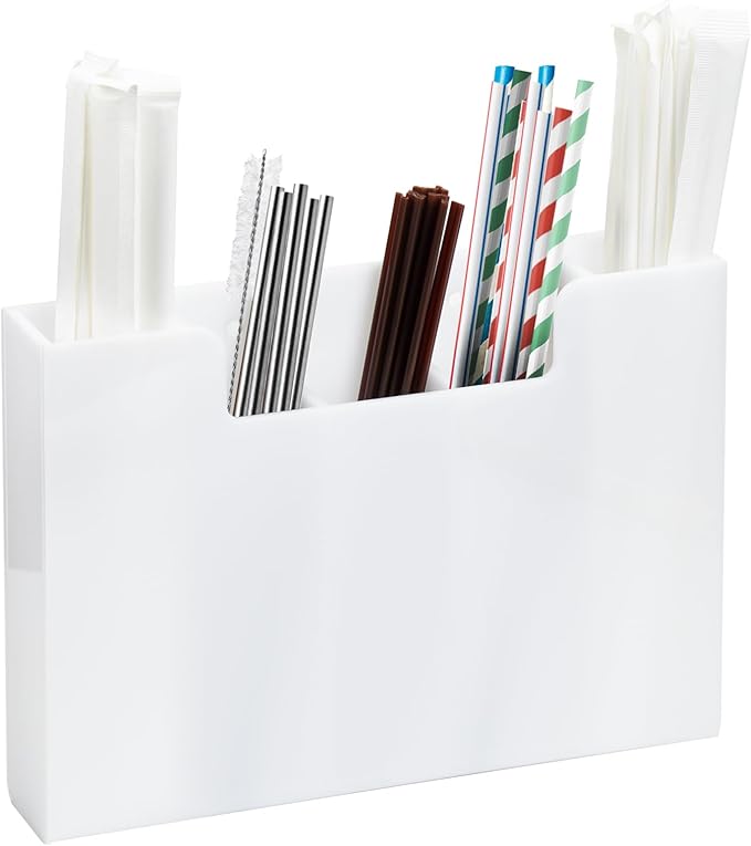 Acrylic Straw Organizer Holder for Counter Cabinet, 5 Slot Straw Dispenser with 2 Installation Methods for Kitchen Café Bar, White