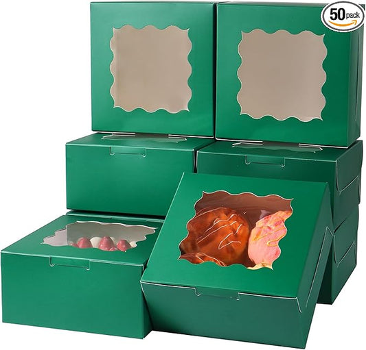 6x6x3 Inches Small Cake Box with Window, Bakery Box, Pastry Boxes, Cookie Boxes, Mini Pie Box for Pastry,Dessert,Strawberries,Chocolates, Cupcakes with paper stickers (Green/36pcs)
