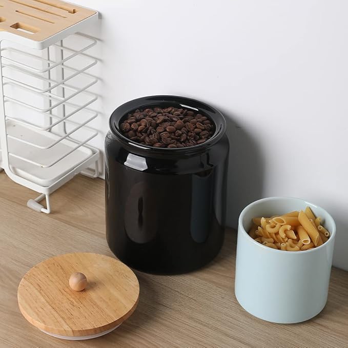 Sweejar Ceramic Kitchen Canisters, 58 FLOZ Porcelain Food Storage Jar with Airtight Seal Wooden Lid, Home Container Serving for Coffee Beans, Tea-leave, Sugar, Salt and More, Tool Bucket (Black)