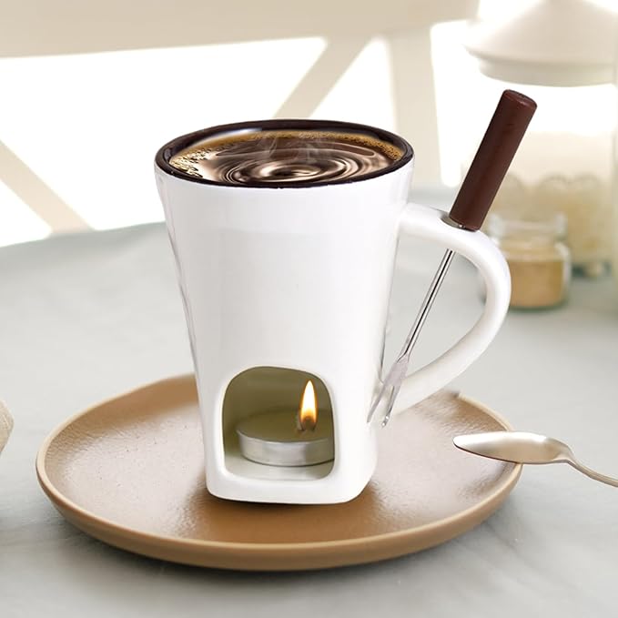 Personal Chocolate Fondue Set Of 3, Chocolate Melting Cup Tea Light With Fork, Ceramic Sweet Melted Fondue Mug For Butter Cheese Dessert Candy Chocolates, Meltie Cup For Cooks Kids Adults