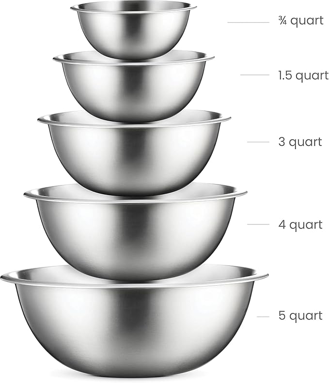 Stainless Steel Mixing Bowl Set, Nesting Bowls for Kitchen Baking, Cooking, Prepping, Kitchen Food Storage Organizers, No Lids (5 Pack)