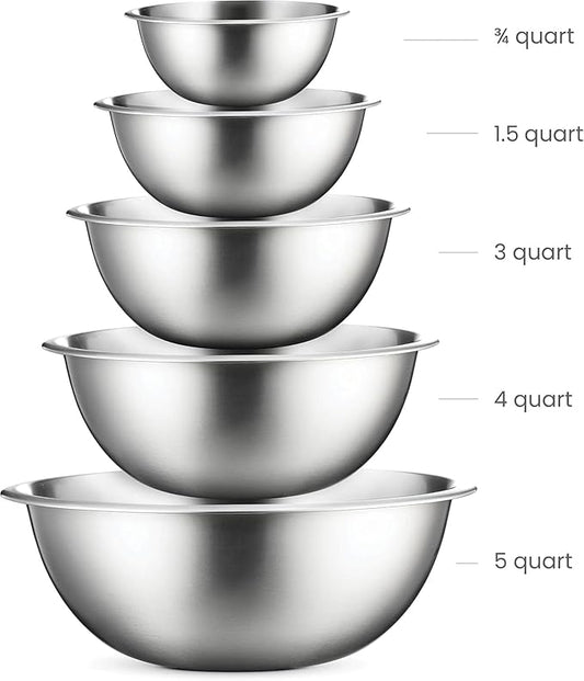 Stainless Steel Mixing Bowl Set, Nesting Bowls for Kitchen Baking, Cooking, Prepping, Kitchen Food Storage Organizers, No Lids (5 Pack)