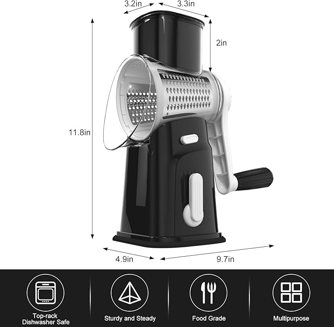 Ourokhome Cheese Grater Hank Crank Cheese Shredder, Mandoline Vegetable Slicer with 5 Interchangeable Blades and Strong Suction Base for Fruit, Vegetables, Nuts Black