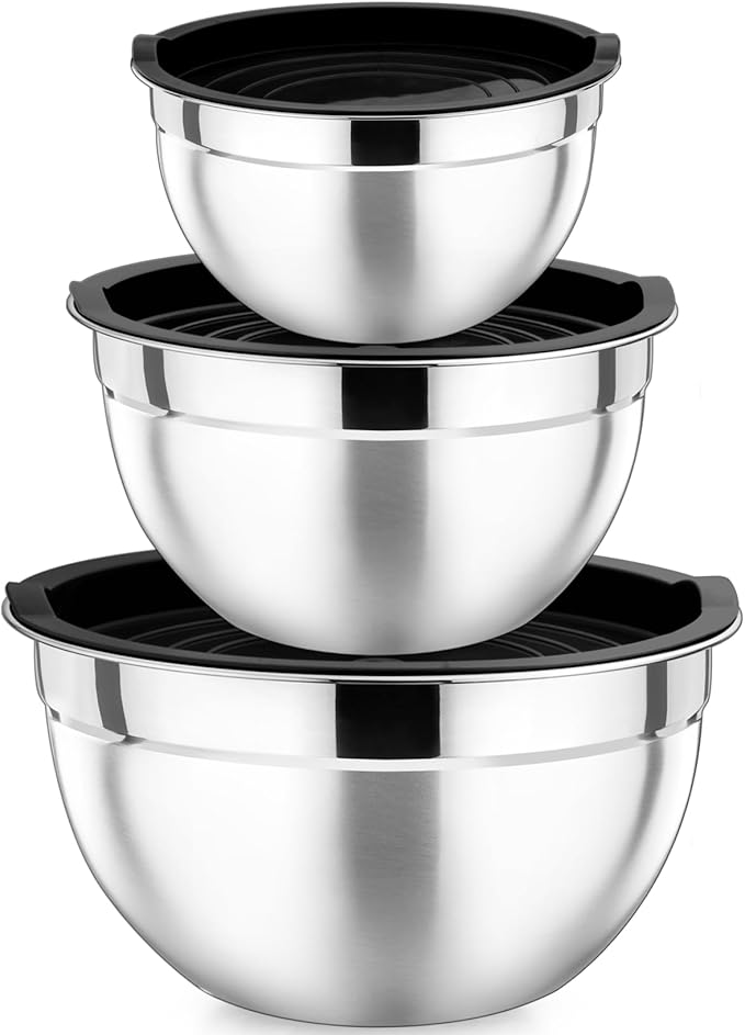 P&P CHEF Black Mixing Bowls with Lids, Set of 3, Stainless Steel Salad Nesting Bowl for Mixing, Storing, Prepping, Airtight & Stackable, Size 4.6/3 /1.5 QT
