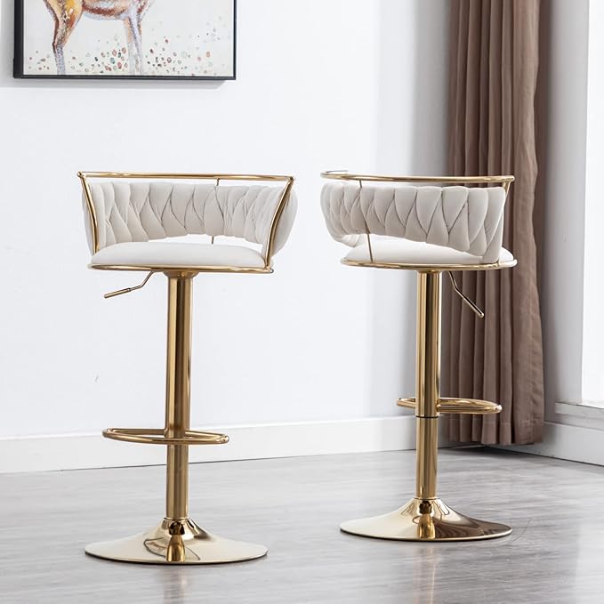 LukeAlon Modern Velvet Adjustable Barstools Set of 2, 360° Swivel Counter Stools with Golden Base Upholstered Open Back Tall Bar Chairs with Footrest for Home Pub Kitchen, White