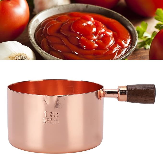 Mini Sauce Pan, Stainless Steel Butter Warmer with Pour Spout and Wooden Handle Rose Gold Melting Pot for Making Sauces, Chocolate Melting, Coffee Tea Soup Warming(1cup)