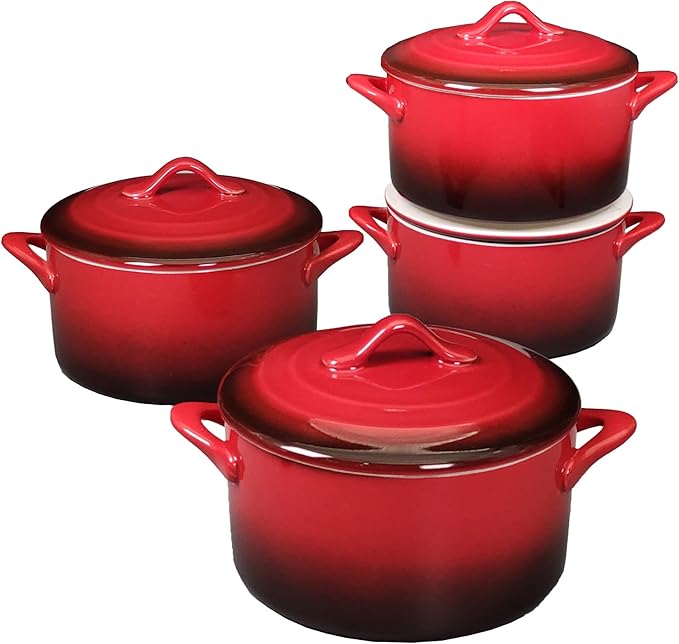 Ceramic Mini Cocotte Set, 17.7 Ounces Small Casserole Dishes with Lids and Handles, Individual Baking Ramekins, Oven, Microwave & Dishwasher Safe (Inner white outer gradient Red glaze)
