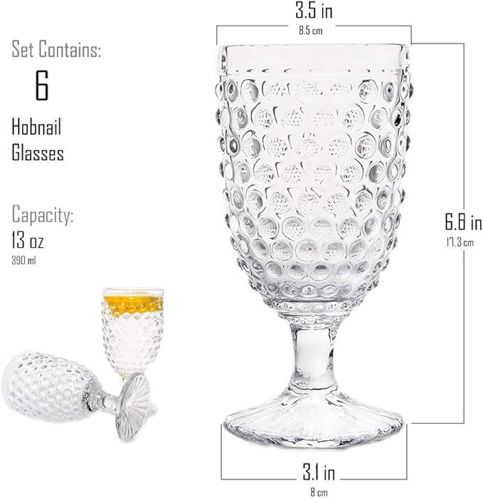 Hobnail Drinking Glasses Goblet Water set of 6, 13 oz Iced Tea Glasses Ideal for Soda Wine Milk Coke Juice and Beer Perfect for Weddings Parties Bars