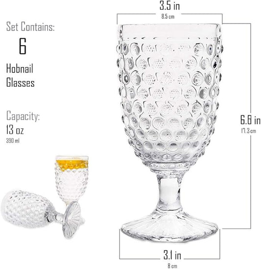 Hobnail Drinking Glasses Goblet Water set of 6, 13 oz Iced Tea Glasses Ideal for Soda Wine Milk Coke Juice and Beer Perfect for Weddings Parties Bars