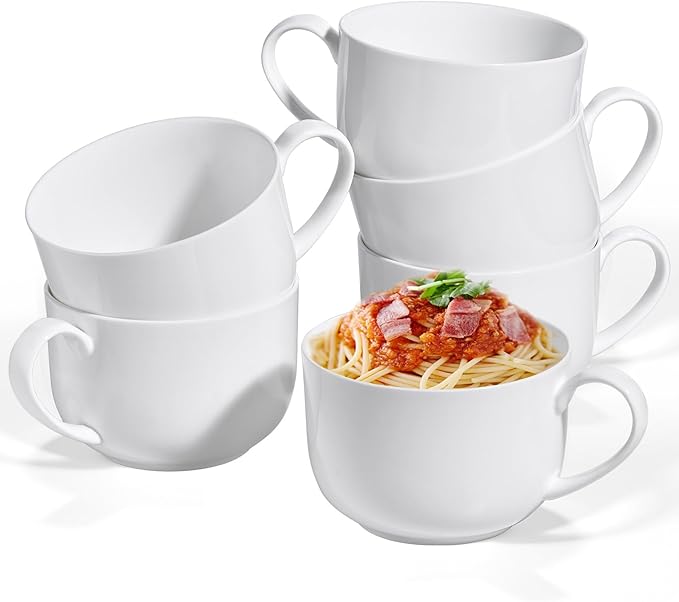 Chulan 25oz Large Bone China Soup Mugs Set of 6, White Lightweight Ceramic Coffee Mugs with Handles for Ramen, Oatmeal, Yogurt, Latte, Tea, Dishwasher Safe