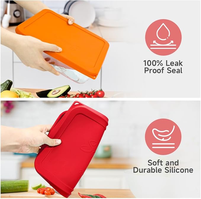 Sophico 11 Cup Rectangle Silicone Storage Cover Lids Replacement for Pyrex 7212-PC Glass Bowls, Container not Included (RED-2PACK)