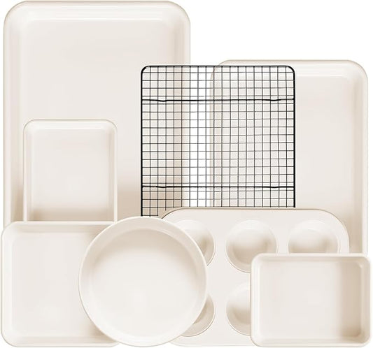 8-Piece Non-stick Baking Pans Set – Stackable Bakeware Set for Kitchen, Carbon Steel Baking Set with Cookie Sheet, Roasting Pan, Cake Pan, Muffin Pan, Cooling Rack, Baking Essentials Supplies