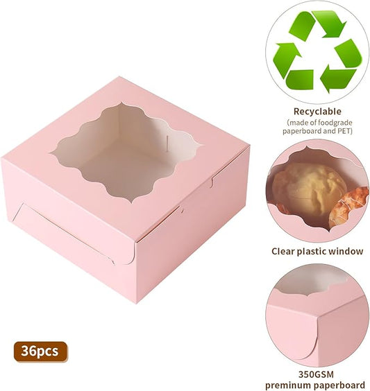 36 pcs 6x6x3 Inches Small Cake Box with Window, Bakery Pastry Cookie Boxes, Mini Pie for Pastry,Dessert,Strawberries,Chocolates, Cupcakes with paper stickers (Pink)