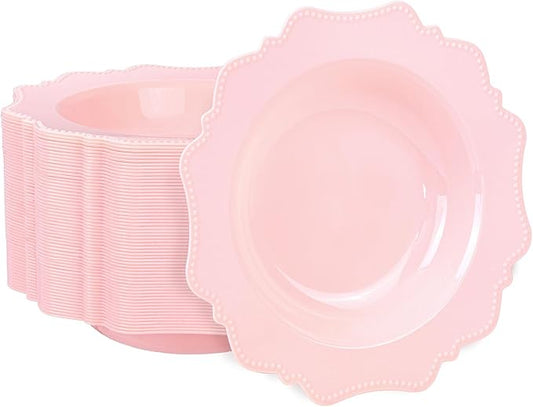 COLOSUS Pink Plastic Party Bowls (60 Pack) 12 Oz Disposable Soup/Salad Bowl, Fancy Shatterproof Dinnerware for Easter, Catering, Holidays, Weddings, and Everyday Use