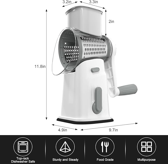 Ourokhome Rotary Cheese Grater Cheese Shredder, Mandoline Vegetable Slicer with 5 Interchangeable Blades and Strong Suction Base for Fruit, Vegetables, Nuts White