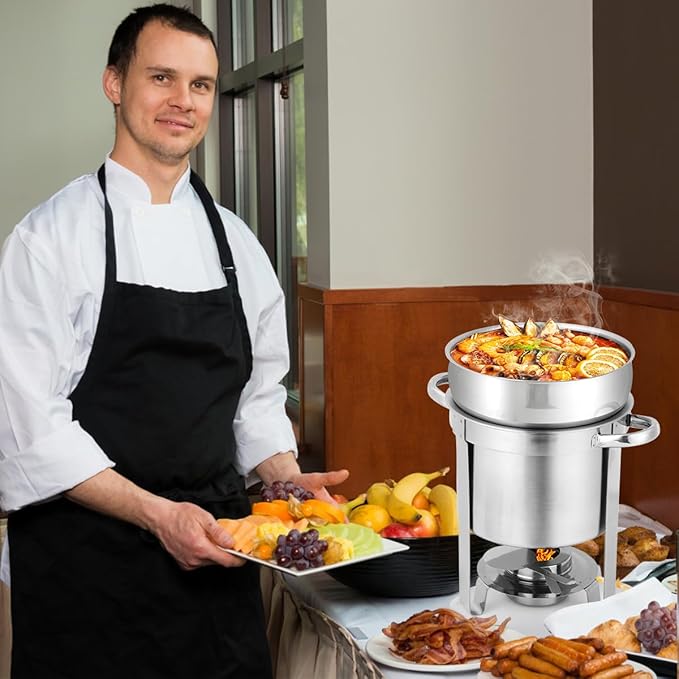 Snowtaros 7QT Soup Chafer, Stainless Steel Round Soup Warmer with Pot Lid & Fuel Holder, Commercial Soup Pot Chafing Dish for Catering, Parties, Banquets, Events (2 Pack)