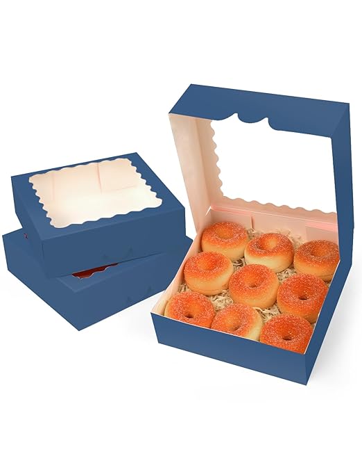 qiqee Auto-pop Up Blackish Blue Pie Boxes with Window 10x10x2.5 inch 30Packs Cookie Donut Bakery Box