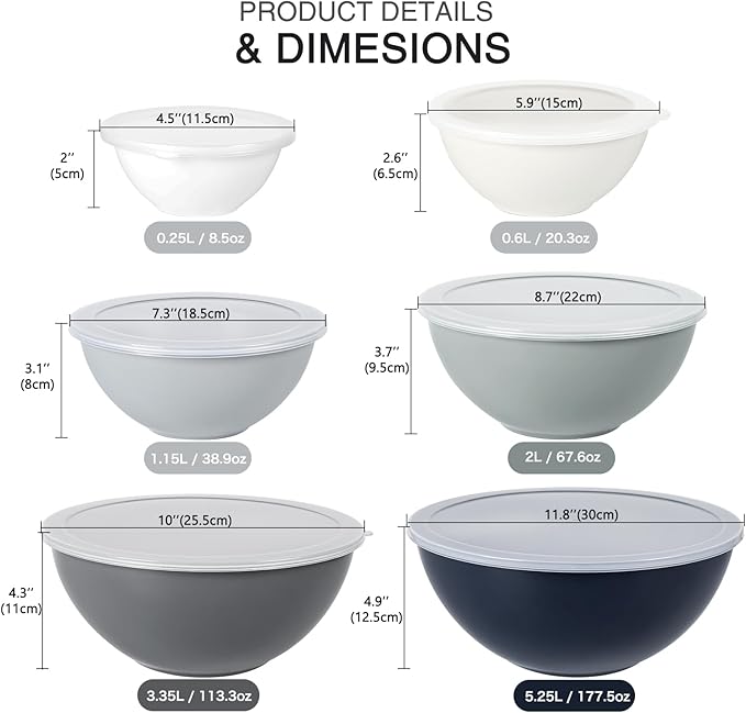 6-Piece Plastic Mixing Bowl Set with Lids for Kitchen, Nesting Storage Bowls for Baking, Prepping,Cooking and Serving Food, Dishwasher, Microwave Safe,Great for Mixing & Serving,Gray