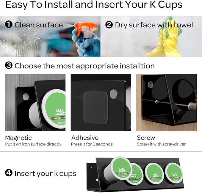 K Cup Holders, Acrylic Coffee Pods Organizer Stand Magnetic & Self-Adhesive for Kitchen Wall, Cabinet, Fridge (4 Pack for 16 Pods)
