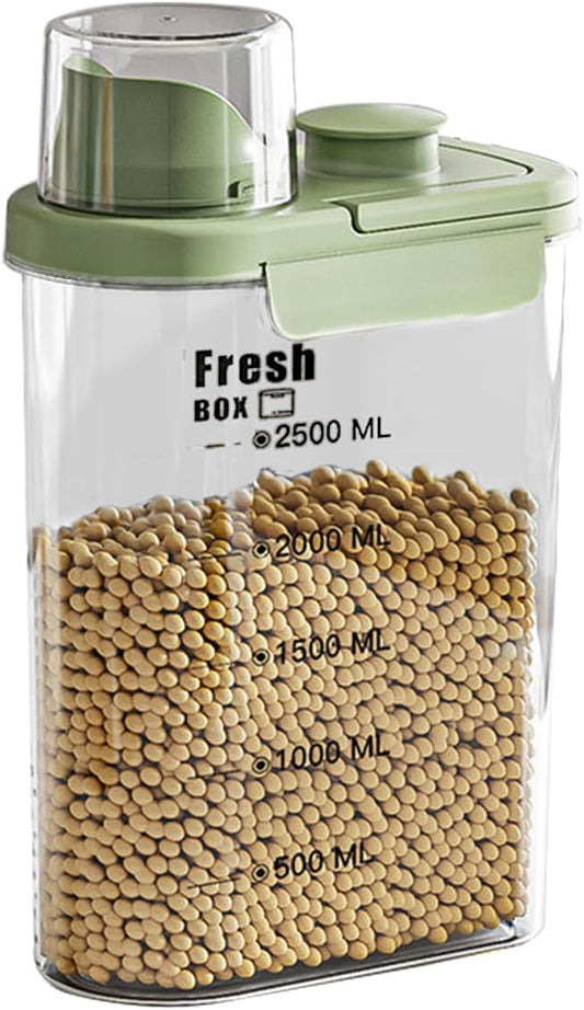 Airtight Rice Storage Container,with Pour Spout & Measuring Cup, BPA-Free - Transparent Dry Food Canister for Cereal, Flour, Pet Food, Oatmeal, Pantry Storage (Light Grass Green, 2800ml)