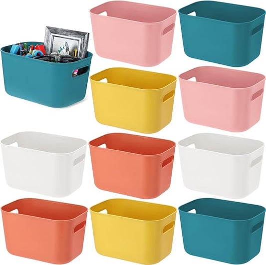 Tioncy 10 Pcs Plastic Storage Bins and Baskets 9.7" x 6.9" x 5.7" Multiple Color Small Containers Organizer for Home Bathroom Kitchen Multi-use Storage Boxes for Classroom, 5 Colors