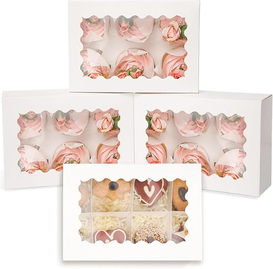 qiqee White 6 Cupcake Boxes with Window Auto-pop up 30 Packs Cupcake Box 9"x6.1"x3.3" Bakery Boxes For Cupcakes Carrier, Cupcake Containers