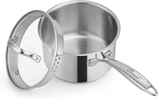 2 Qt Stainless Steel Saucepan with Glass Strainer Lid, 2 Quart Pot Stainless Steel Sauce Pan with Pour Spout, Mirror Polishing, Compatible with All Cooktops Dishwasher Safe Oven Safe
