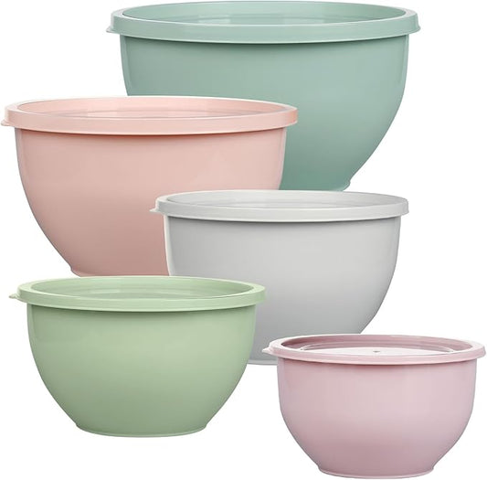 5-Piece Plastic Mixing Bowls with Lids Set for Kitchen, Nesting Bowls for Mixing, Baking, Prepping, Cooking and Serving Food, Mixing Bowls Dishwasher, Microwave Safe(5 Set-Pink)