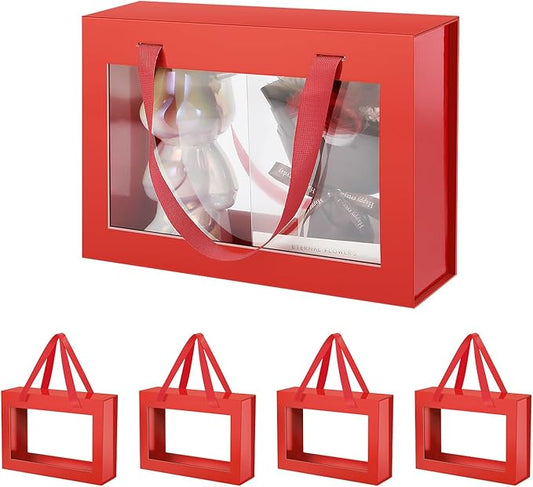 5 Gift Boxes with Windows, Gift Boxes with Lids and Handles, Clear Magnetic Gift Boxes for Presents, Bridesmaid Proposal Boxes (10.5x7.5x3 Inches