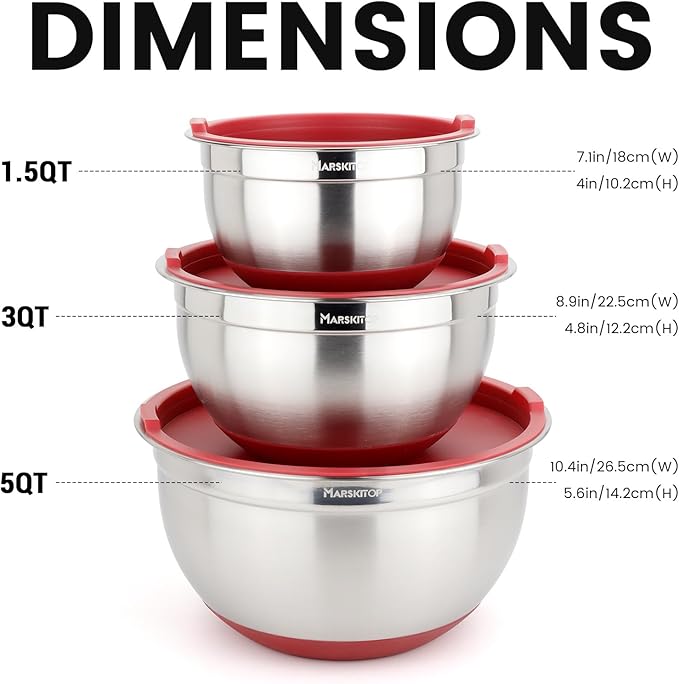 MARSKITOP Stainless Steel Mixing Bowls with Lids Set, Nesting Mixing Bowls with Airtight Lids, Measurement Marks and Red Non-Slip Bottoms, Great for Mixing and Serving, 1.5QT & 3QT & 5QT