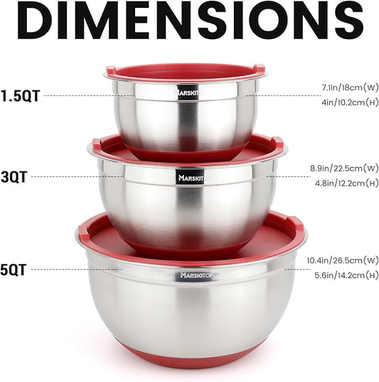 MARSKITOP Stainless Steel Mixing Bowls with Lids Set, Nesting Mixing Bowls with Airtight Lids, Measurement Marks and Red Non-Slip Bottoms, Great for Mixing and Serving, 1.5QT & 3QT & 5QT