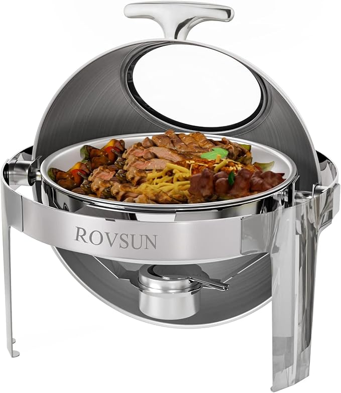 ROVSUN 6 Quart Round Roll Top Chafing Dish Buffet Set, Stainless Steel Chafer for Catering, Food Warmer with Glass Window for Party Wedding Banquet Graduation Event,Silver
